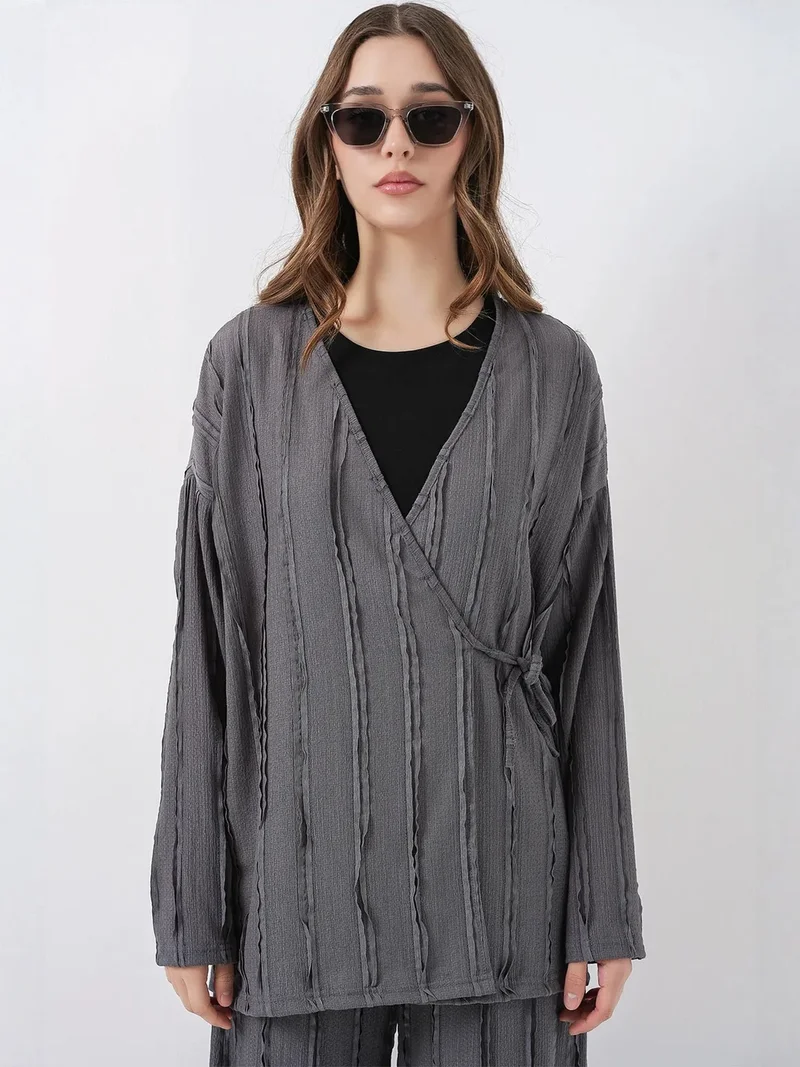 BIG DART BDART Textured V-Neck Tie Detail Kimono & Wide Leg Pants Set